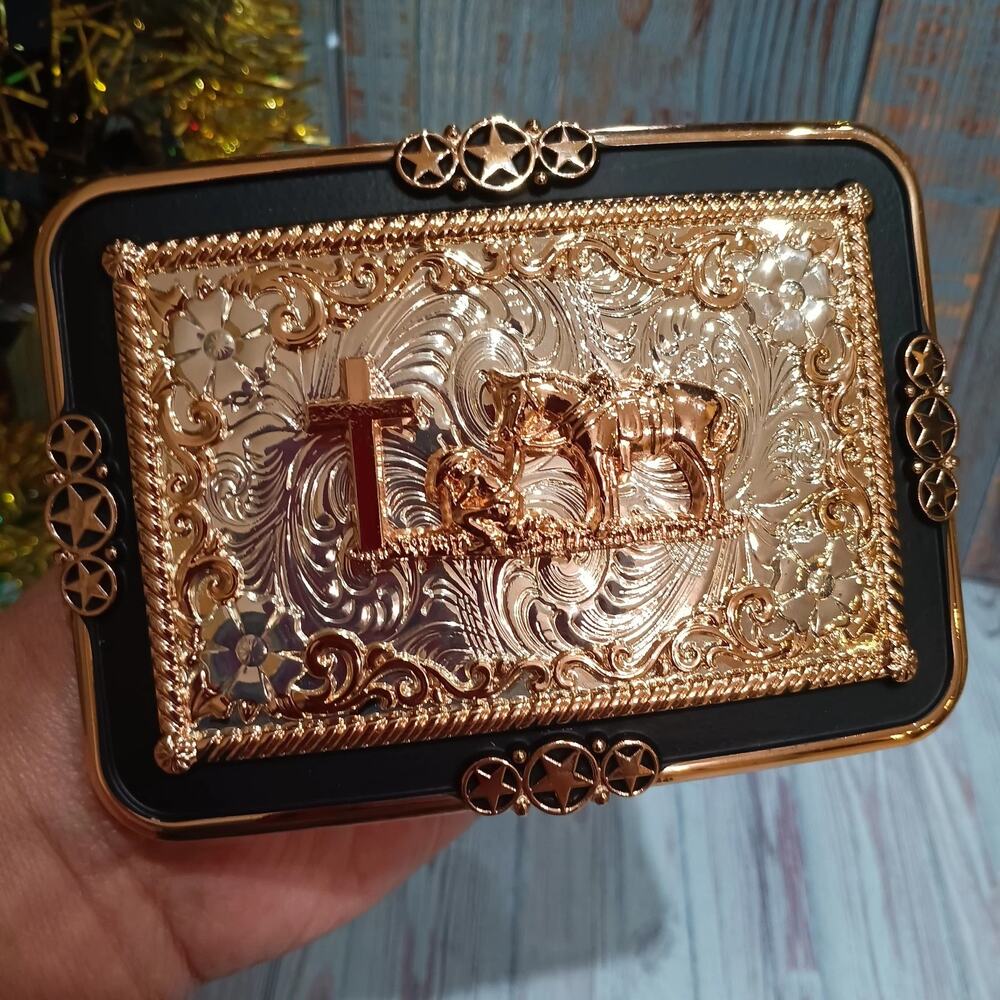 Praying Cowboy Western Belt Buckle Silver Rosetone With Black Border Rectangular